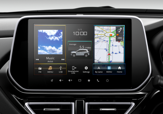 Suzuki infotainment multimedia screen displays sat nav, music and car information at the same time