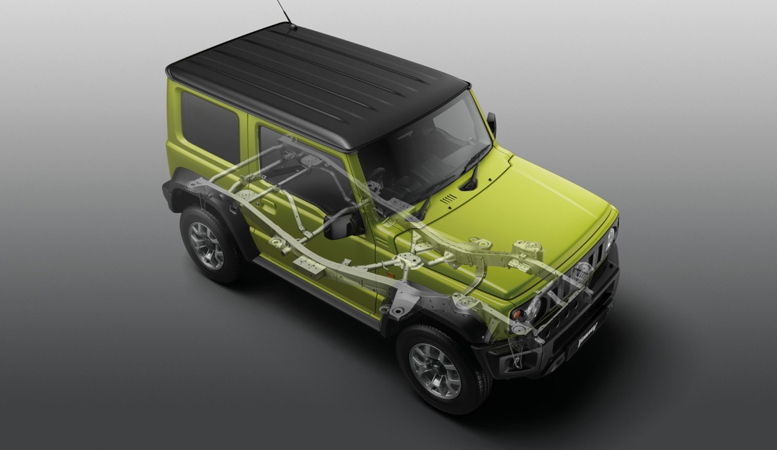 Jimny's rigid ladder frame provides formidable strength and stability